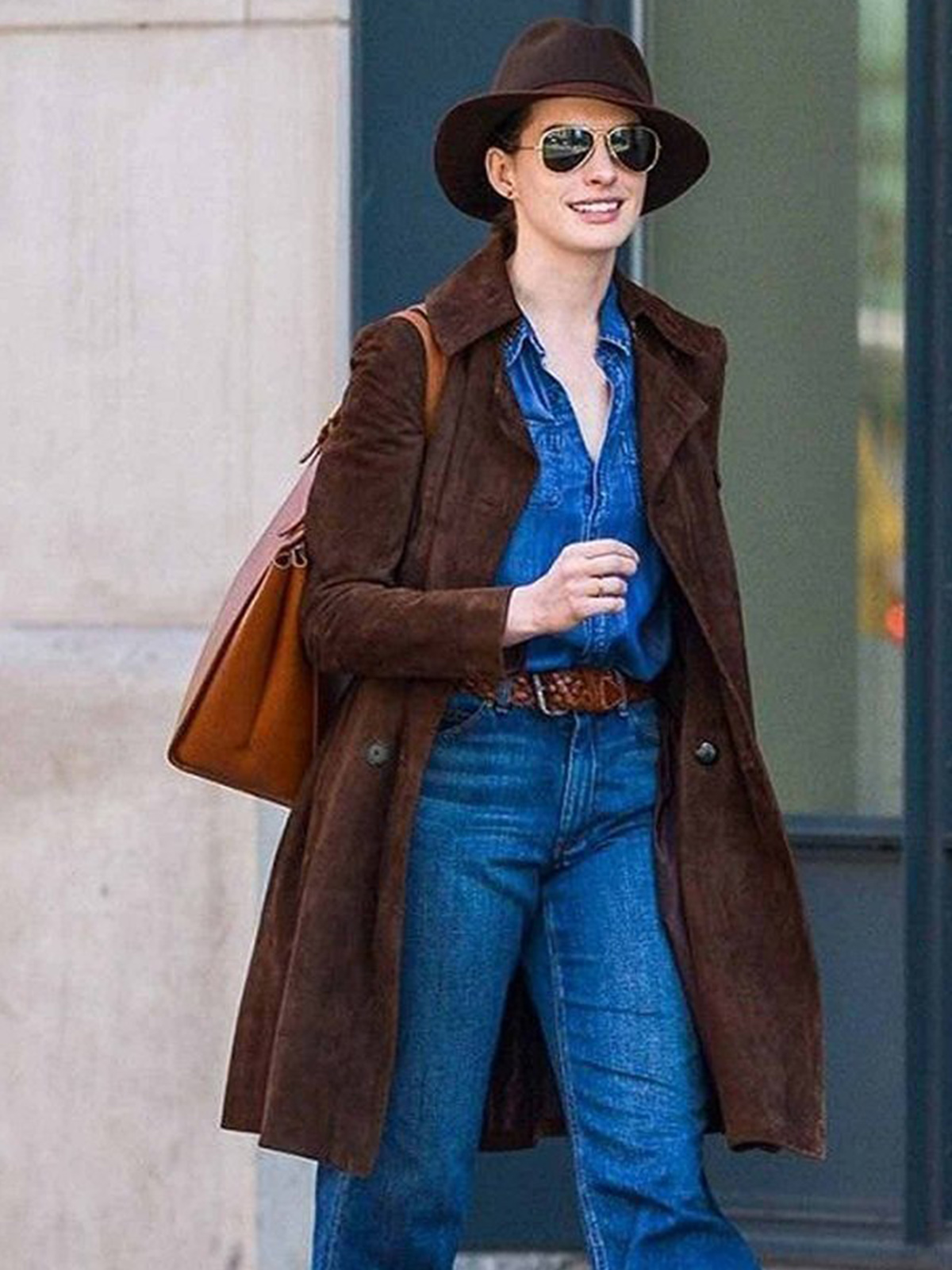 Anne Hathaway Suede Brown Coat