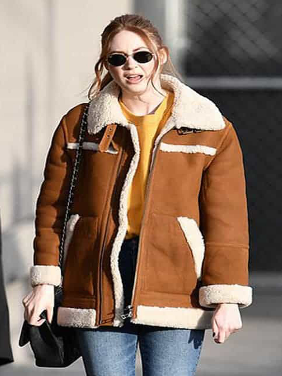 Elegant Karen Gillan Sheepskin Shearling Leather Jacket Coat