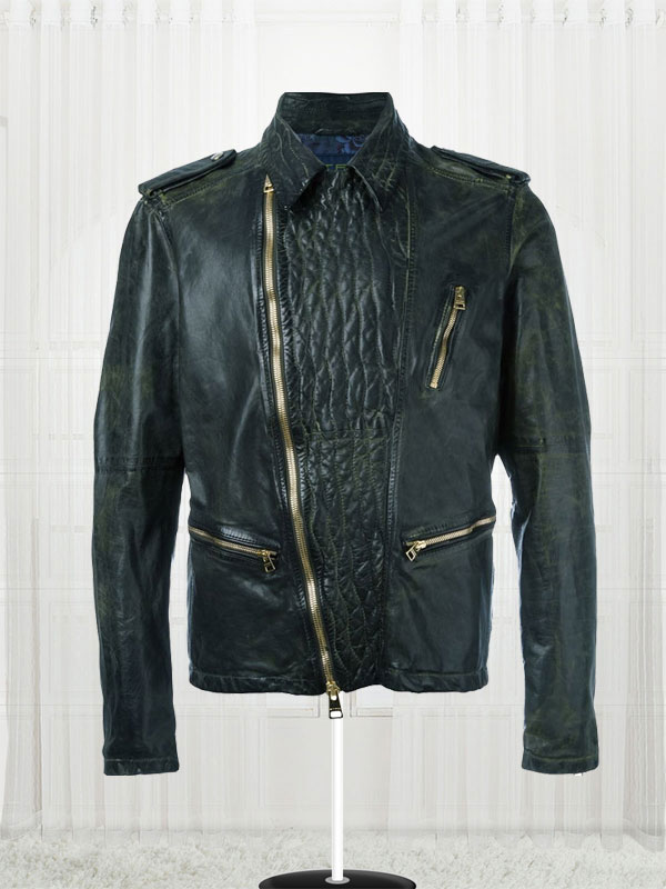 Green Goatskin Off Centre Zip Leather Jacket