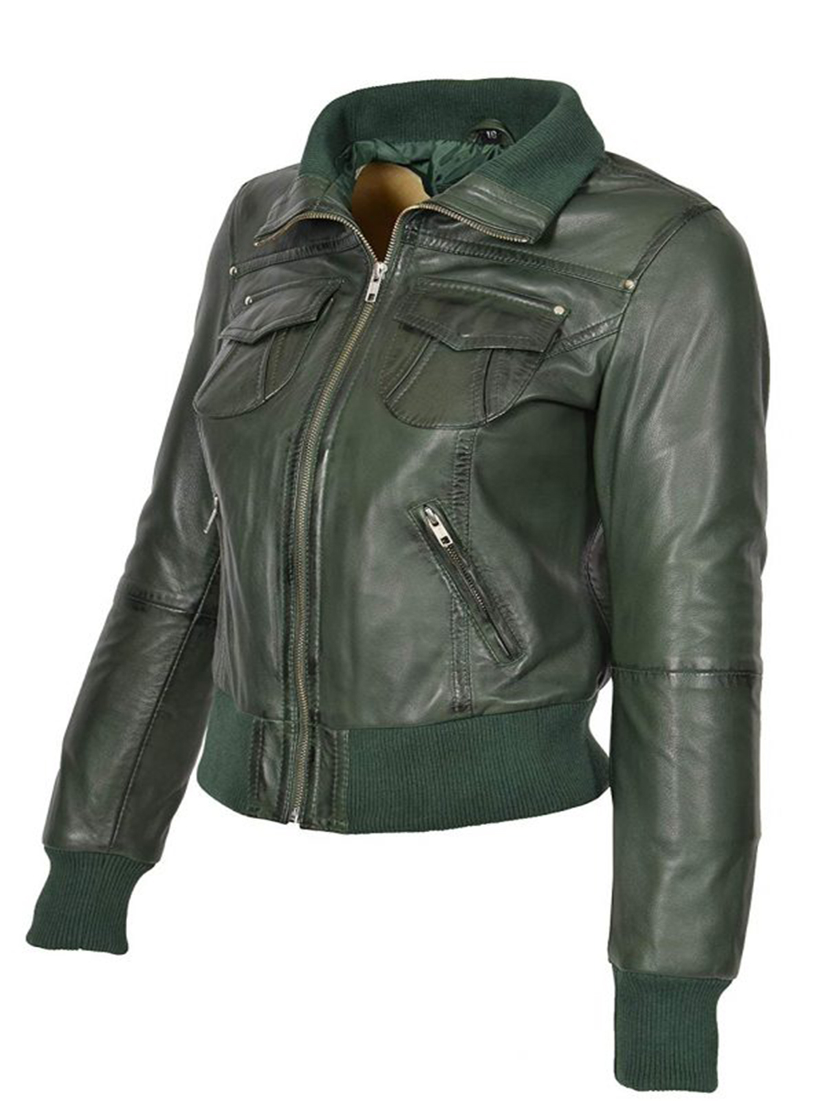 Ladies Green Bomber Genuine Leather Jacket