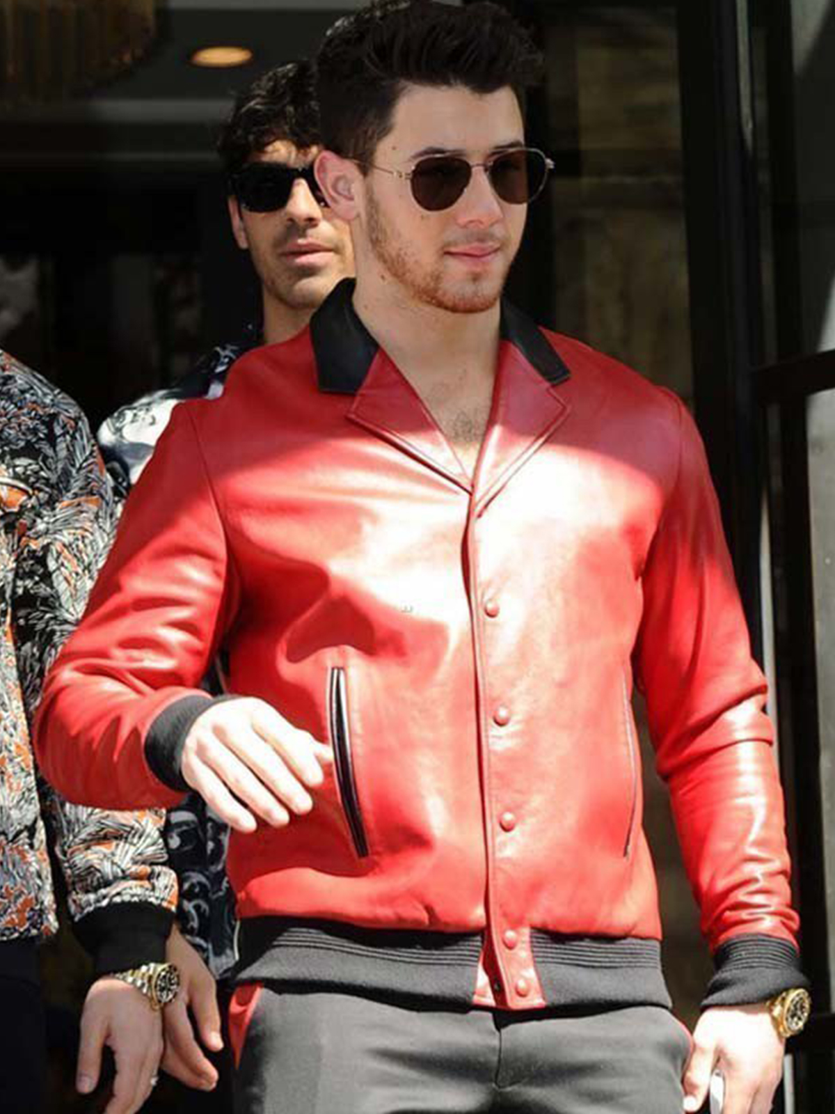 London Visit Nick Jonas Red Genuine Leather Jacket