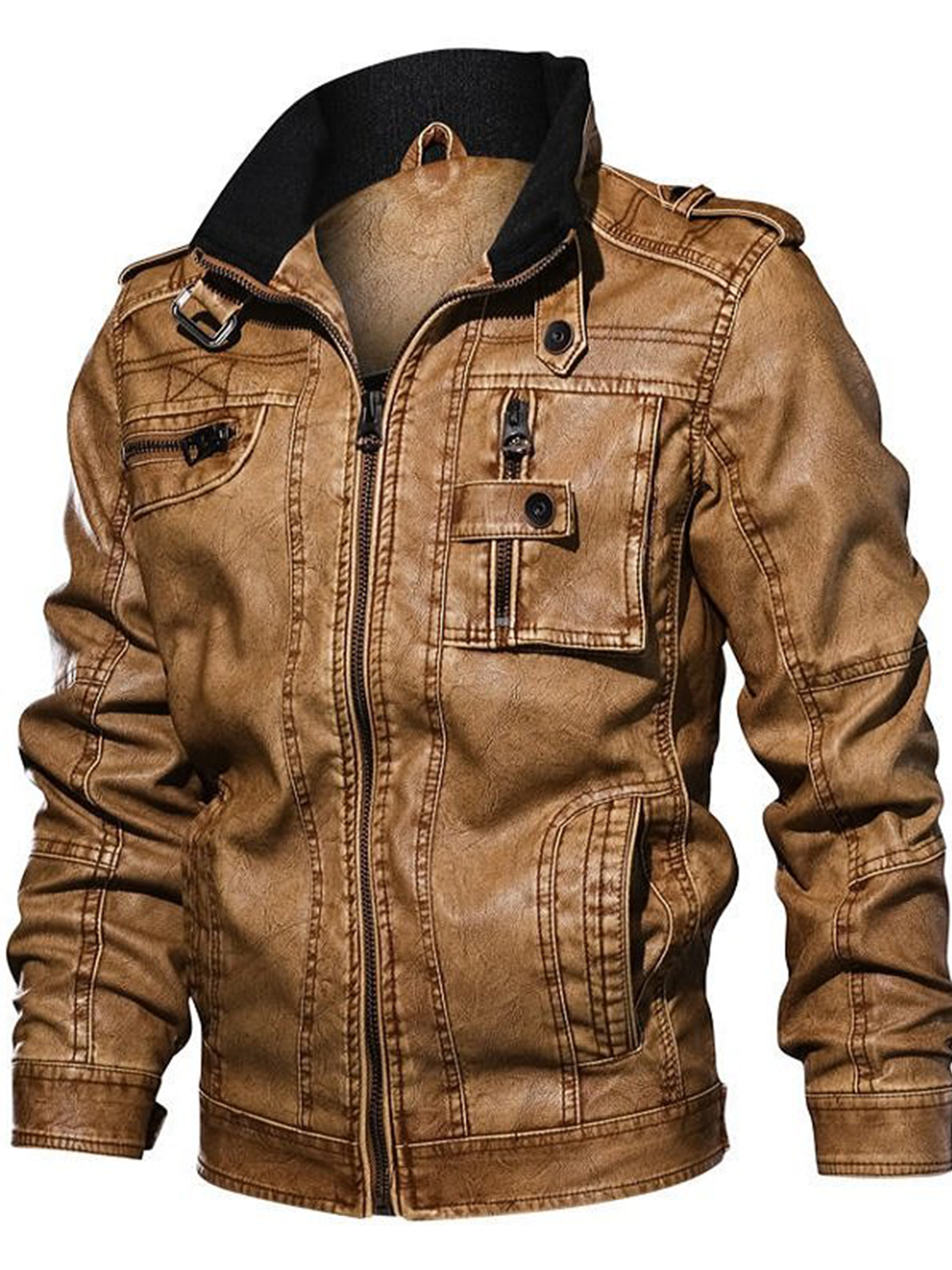 Men's Fashion Biker Stand Collar Faux Leather Jacket