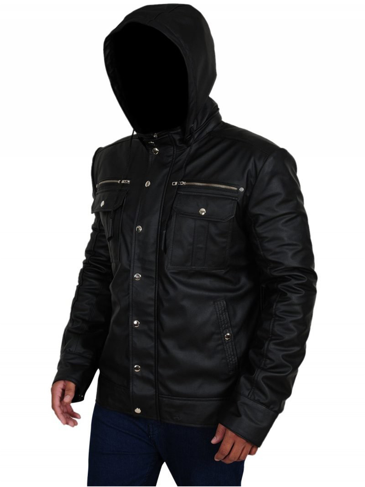 Mens Black Leather Hoodie Jacket