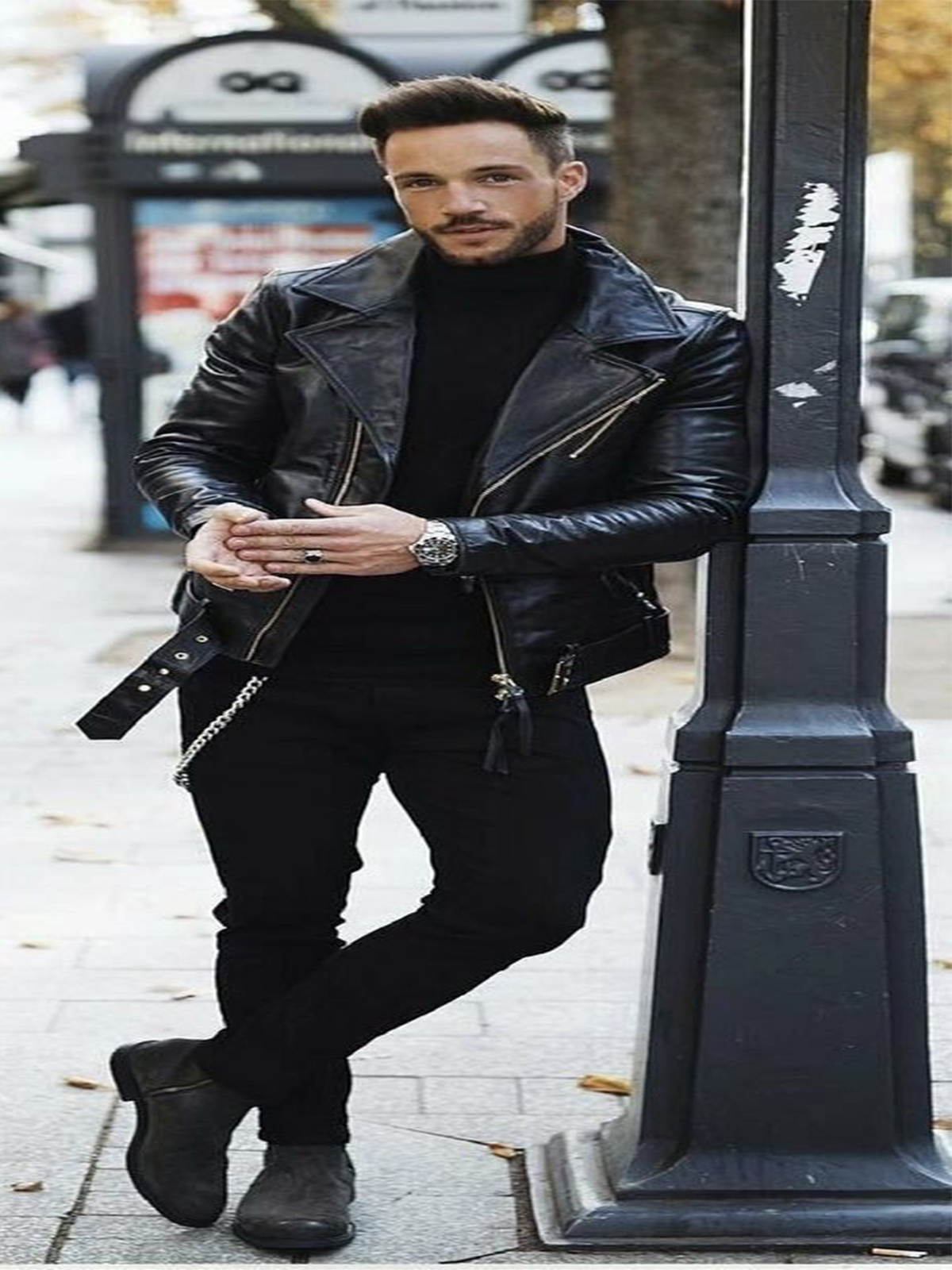 black turtleneck with leather jacket
