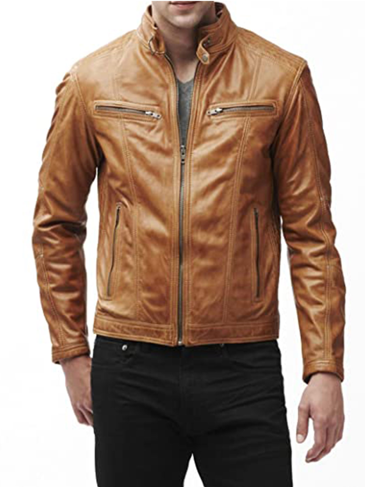 Men’s Slim Fit Biker Tan Leather Jacket