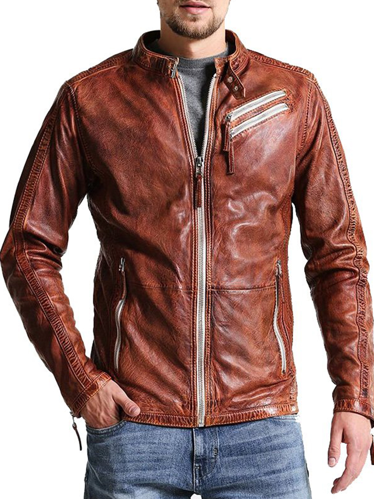 Men’s Vintage Style Biker Distressed Brown Jacket