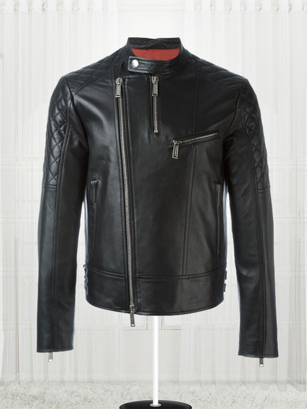 Quilt Sleeved Black Leather Jacket