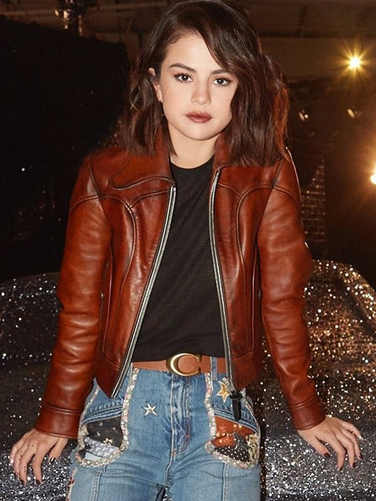 Selena Gomez Brown Leather Jacket
