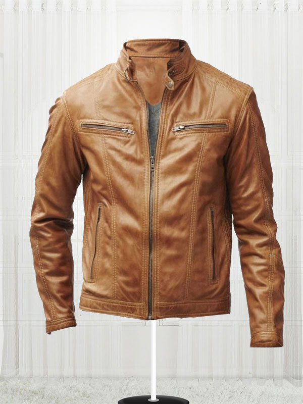 Men's Tan Leather Slim Fit Bikers Jacket
