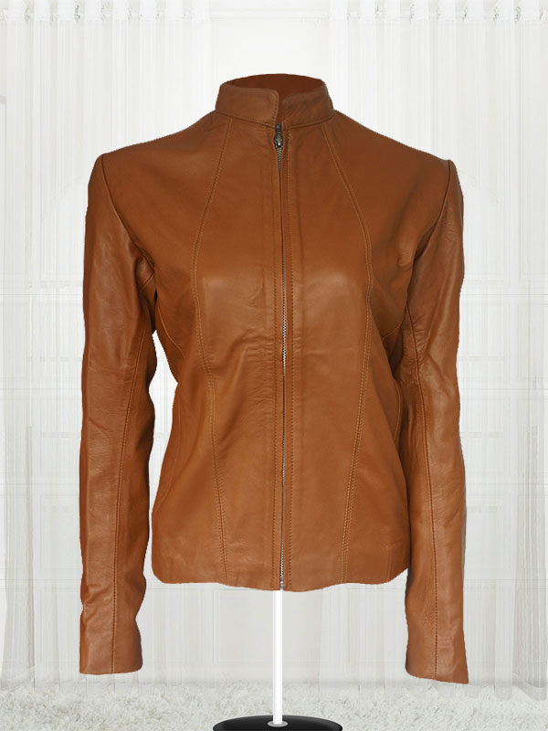 Women Brown Front Zip Leather Jacket