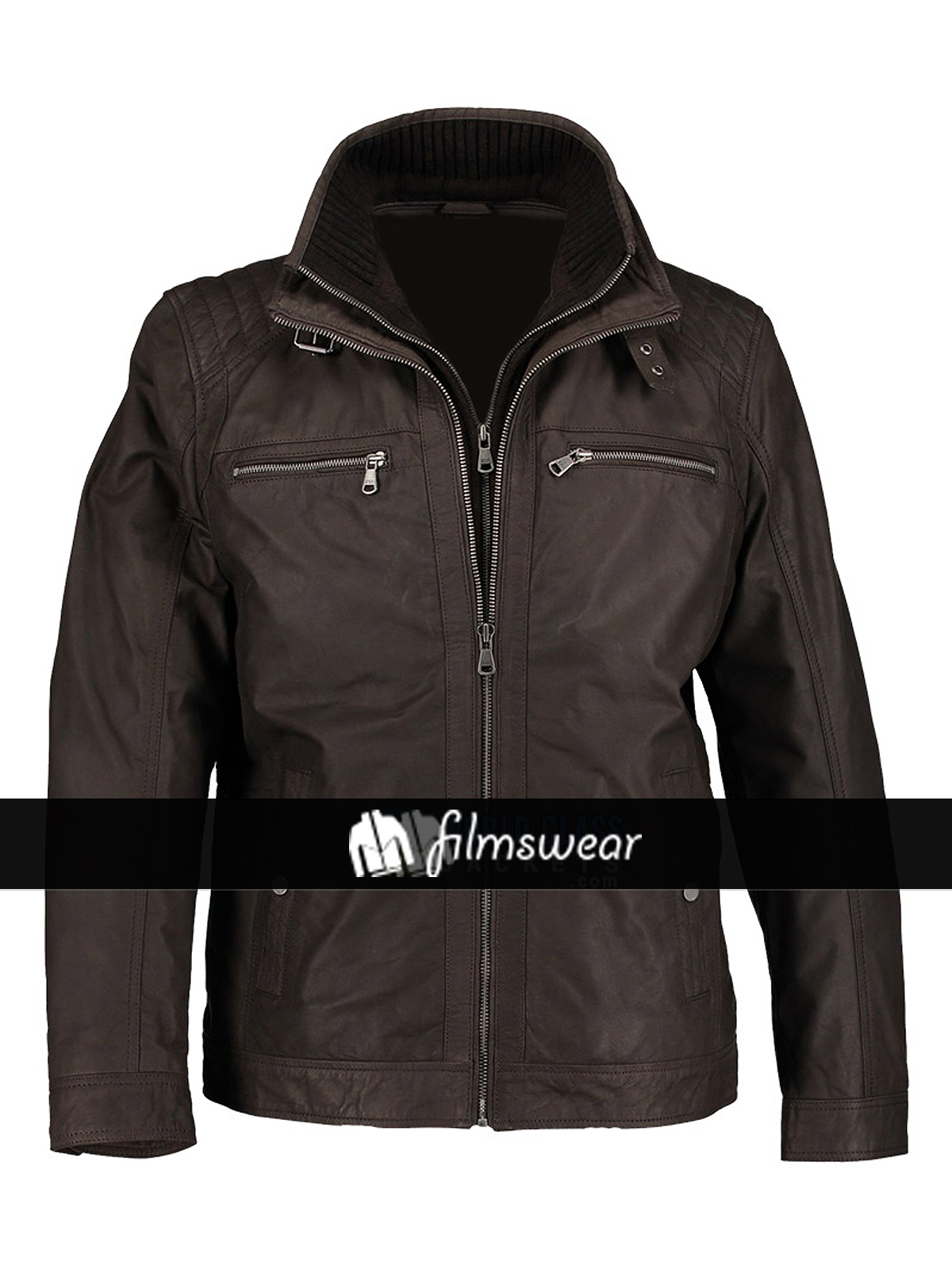 Casual Men Double Zipper Brown Leather Jacket