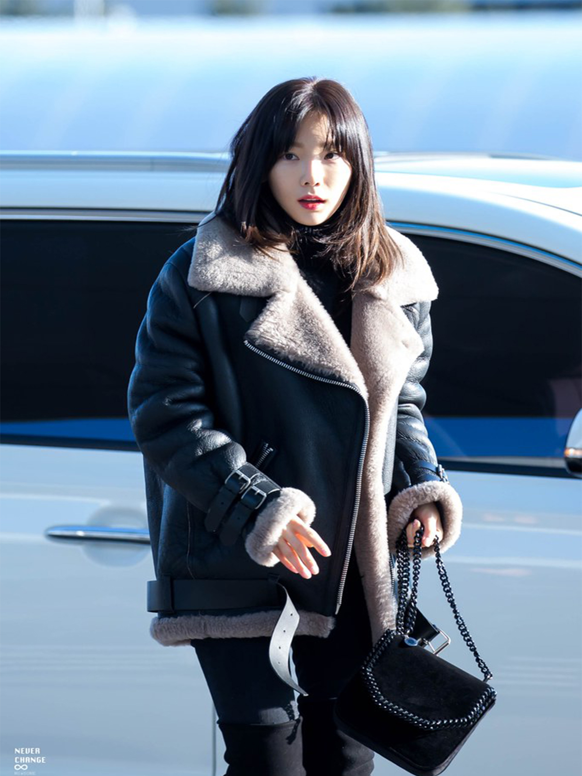 Goo Hara B3 White Fur Lining In Real Black Leather Jacket